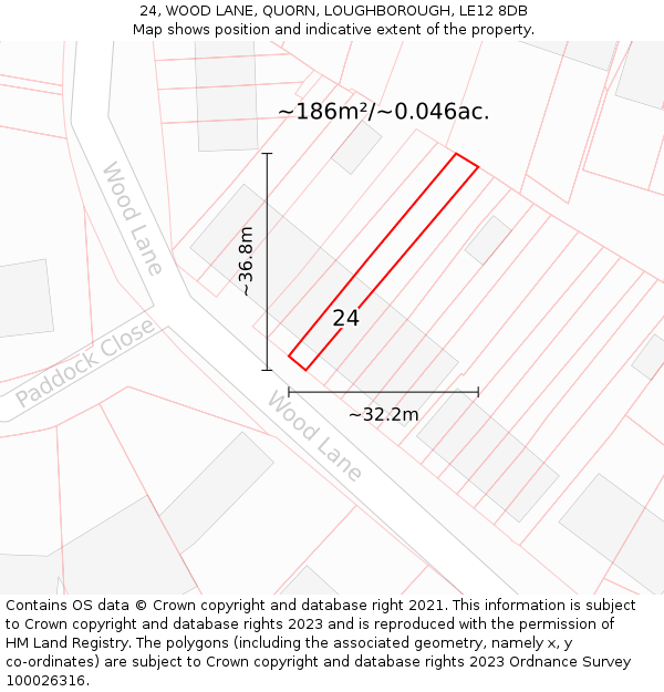 24, WOOD LANE, QUORN, LOUGHBOROUGH, LE12 8DB: Plot and title map