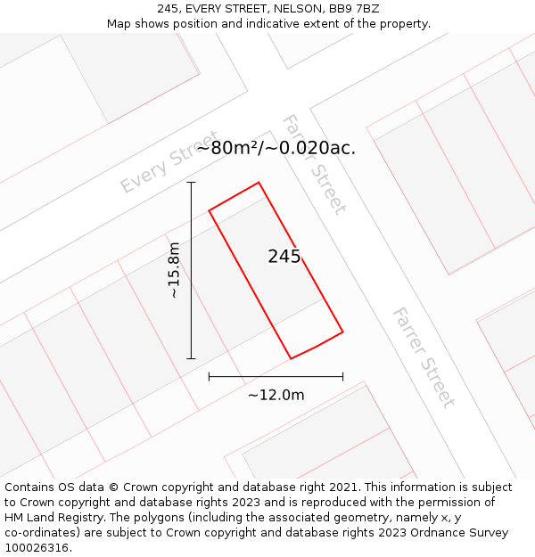 245, EVERY STREET, NELSON, BB9 7BZ: Plot and title map