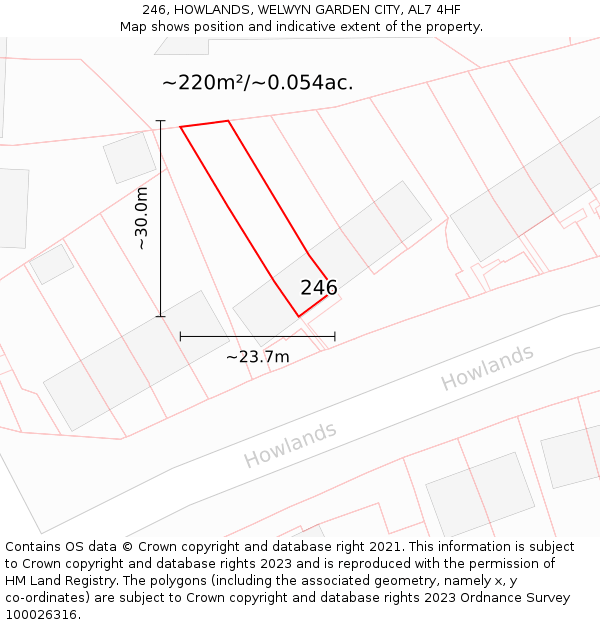 246, HOWLANDS, WELWYN GARDEN CITY, AL7 4HF: Plot and title map