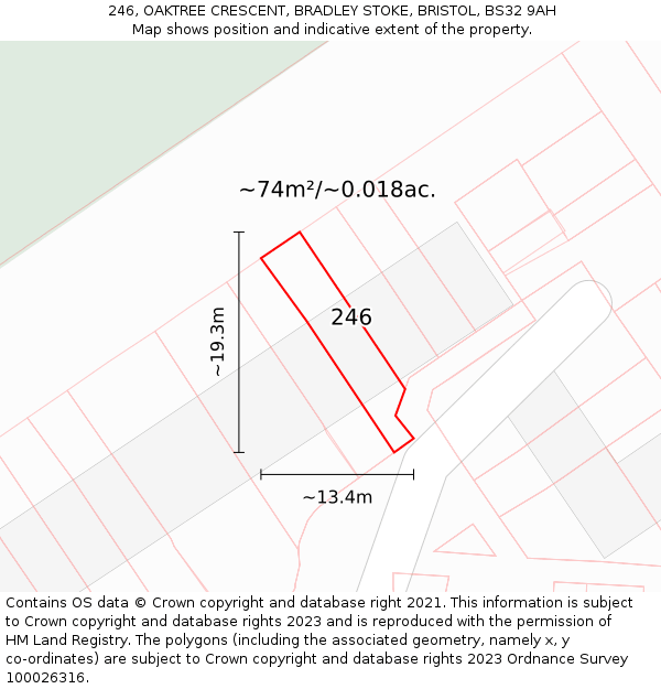 246, OAKTREE CRESCENT, BRADLEY STOKE, BRISTOL, BS32 9AH: Plot and title map