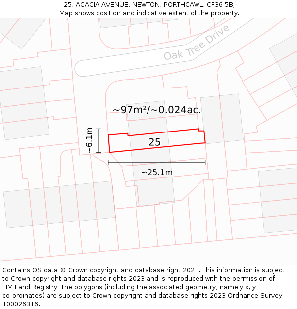 25, ACACIA AVENUE, NEWTON, PORTHCAWL, CF36 5BJ: Plot and title map