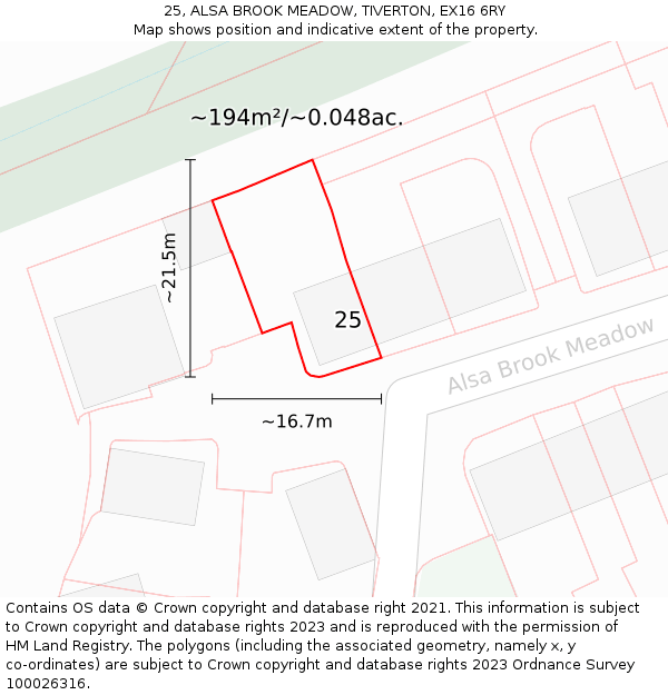 25, ALSA BROOK MEADOW, TIVERTON, EX16 6RY: Plot and title map