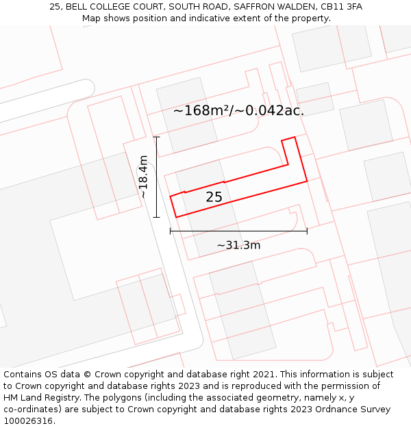 25, BELL COLLEGE COURT, SOUTH ROAD, SAFFRON WALDEN, CB11 3FA: Plot and title map