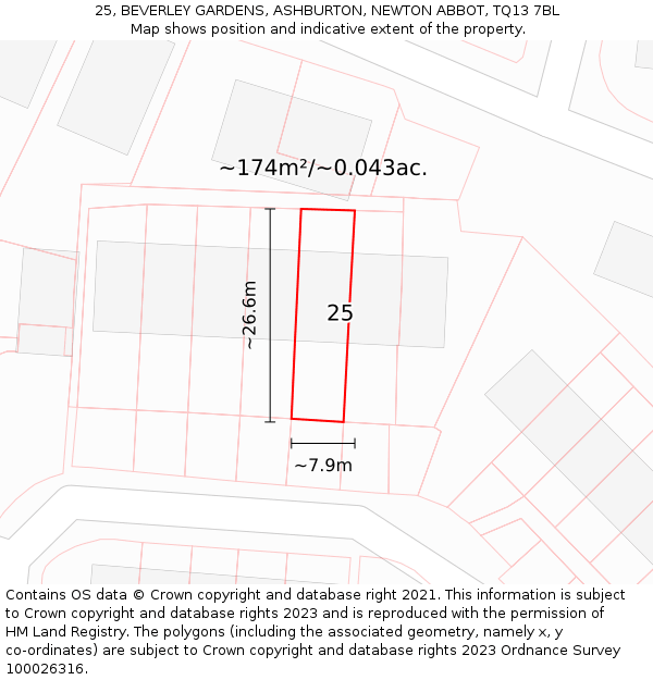 25, BEVERLEY GARDENS, ASHBURTON, NEWTON ABBOT, TQ13 7BL: Plot and title map