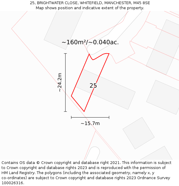 25, BRIGHTWATER CLOSE, WHITEFIELD, MANCHESTER, M45 8SE: Plot and title map