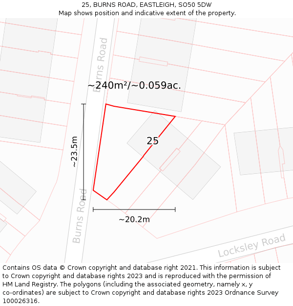 25, BURNS ROAD, EASTLEIGH, SO50 5DW: Plot and title map