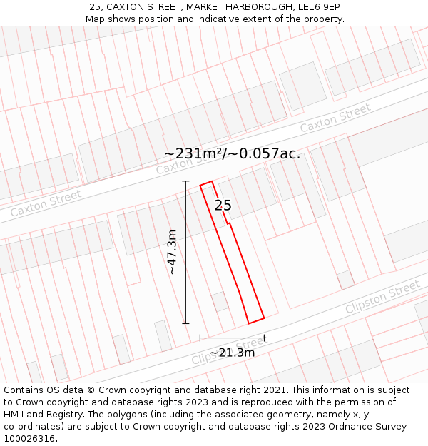 25, CAXTON STREET, MARKET HARBOROUGH, LE16 9EP: Plot and title map