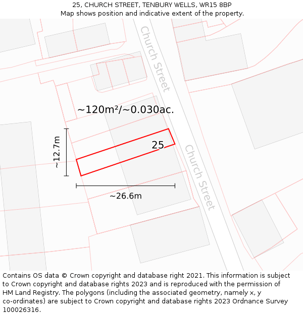 25, CHURCH STREET, TENBURY WELLS, WR15 8BP: Plot and title map