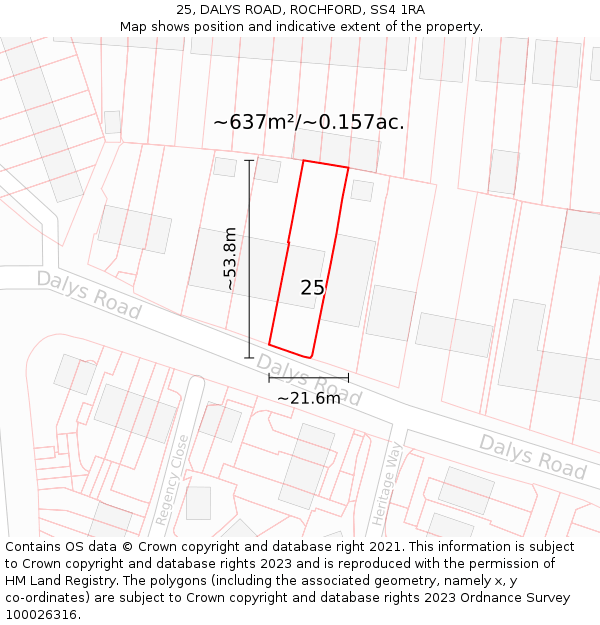 25, DALYS ROAD, ROCHFORD, SS4 1RA: Plot and title map