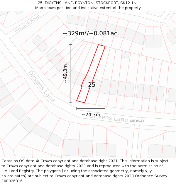 25, DICKENS LANE, POYNTON, STOCKPORT, SK12 1NL: Plot and title map