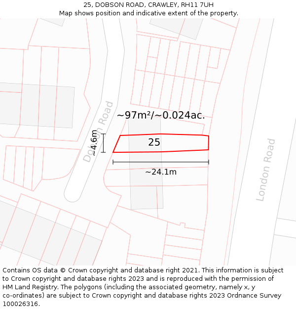 25, DOBSON ROAD, CRAWLEY, RH11 7UH: Plot and title map
