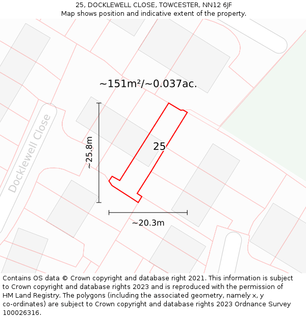 25, DOCKLEWELL CLOSE, TOWCESTER, NN12 6JF: Plot and title map