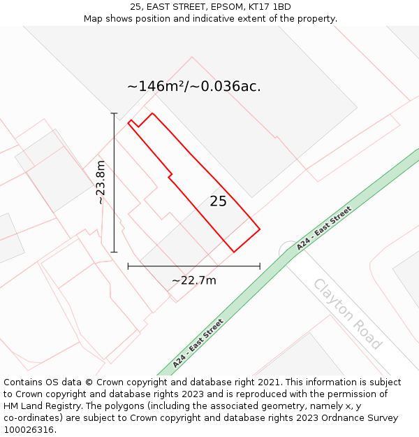 25, EAST STREET, EPSOM, KT17 1BD: Plot and title map