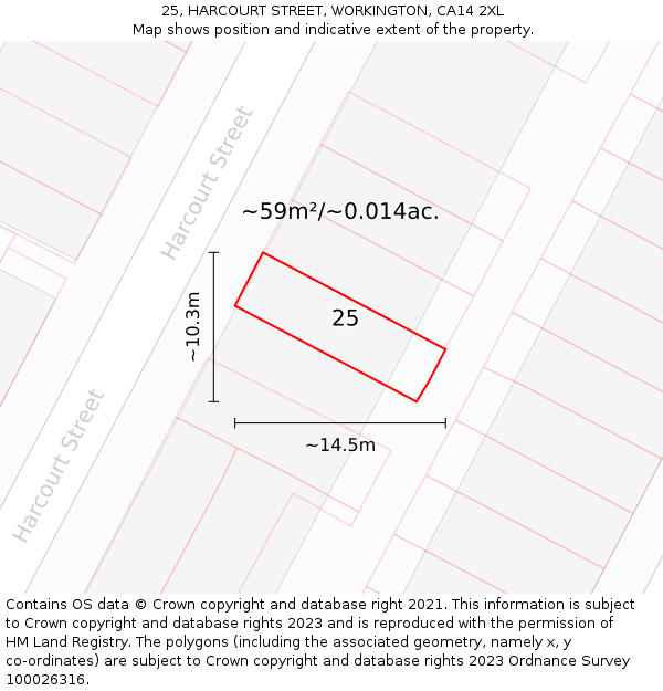 25, HARCOURT STREET, WORKINGTON, CA14 2XL: Plot and title map