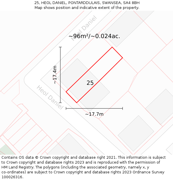 25, HEOL DANIEL, PONTARDDULAIS, SWANSEA, SA4 8BH: Plot and title map