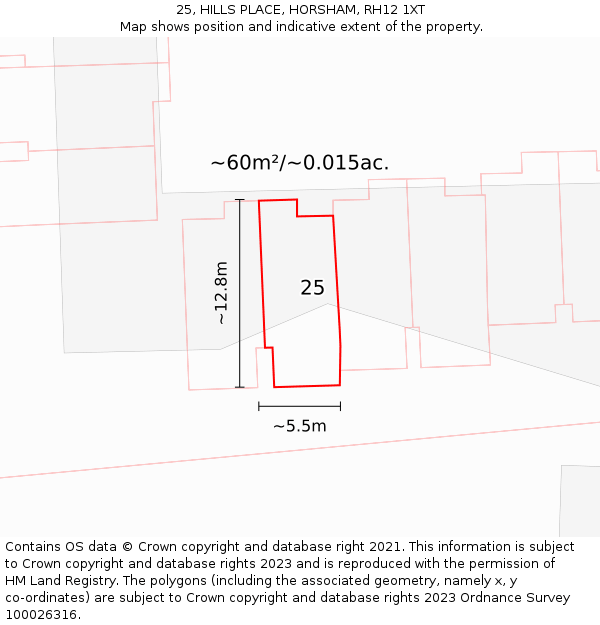 25, HILLS PLACE, HORSHAM, RH12 1XT: Plot and title map