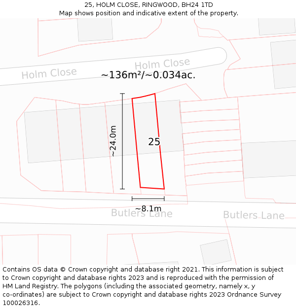 25, HOLM CLOSE, RINGWOOD, BH24 1TD: Plot and title map