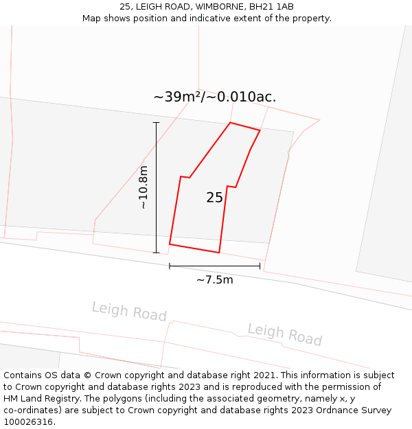 25, LEIGH ROAD, WIMBORNE, BH21 1AB: Plot and title map