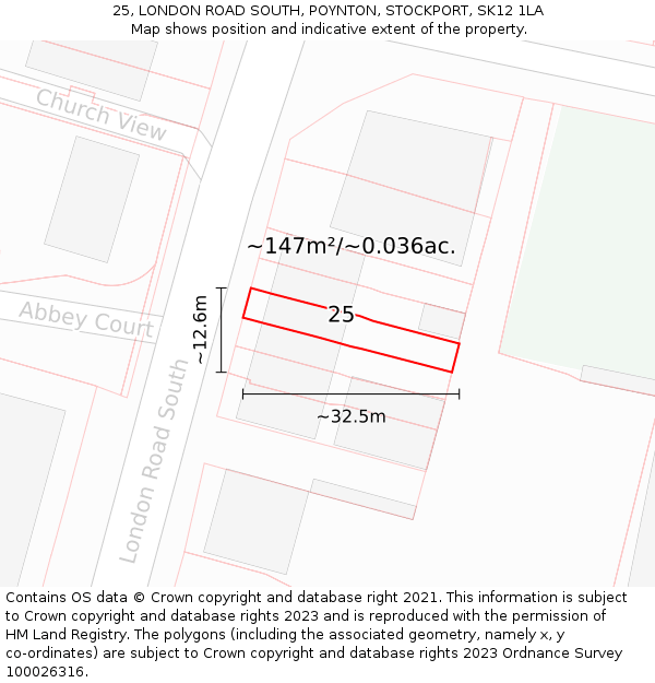 25, LONDON ROAD SOUTH, POYNTON, STOCKPORT, SK12 1LA: Plot and title map