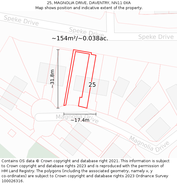 25, MAGNOLIA DRIVE, DAVENTRY, NN11 0XA: Plot and title map