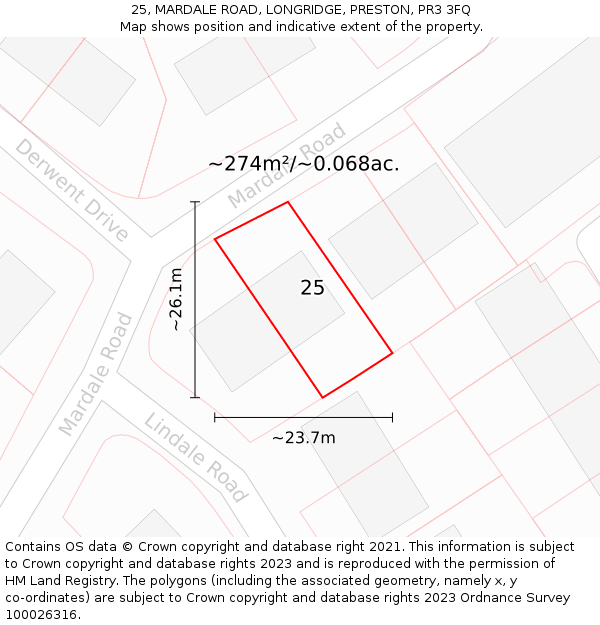 25, MARDALE ROAD, LONGRIDGE, PRESTON, PR3 3FQ: Plot and title map