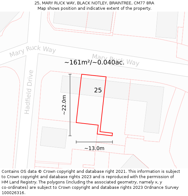 25, MARY RUCK WAY, BLACK NOTLEY, BRAINTREE, CM77 8RA: Plot and title map