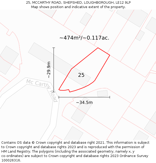 25, MCCARTHY ROAD, SHEPSHED, LOUGHBOROUGH, LE12 9LP: Plot and title map