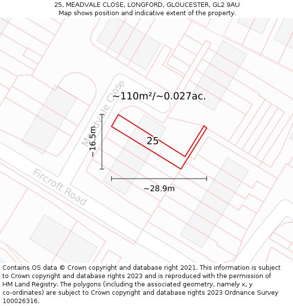 25, MEADVALE CLOSE, LONGFORD, GLOUCESTER, GL2 9AU: Plot and title map
