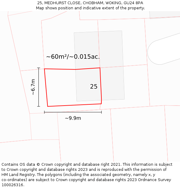 25, MEDHURST CLOSE, CHOBHAM, WOKING, GU24 8PA: Plot and title map