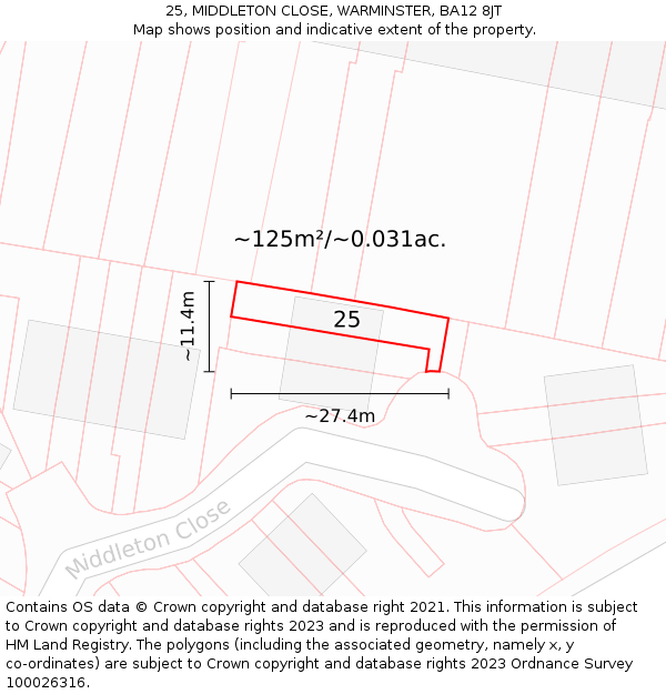 25, MIDDLETON CLOSE, WARMINSTER, BA12 8JT: Plot and title map