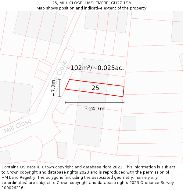 25, MILL CLOSE, HASLEMERE, GU27 1SA: Plot and title map