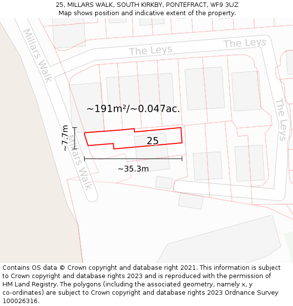 25, MILLARS WALK, SOUTH KIRKBY, PONTEFRACT, WF9 3UZ: Plot and title map