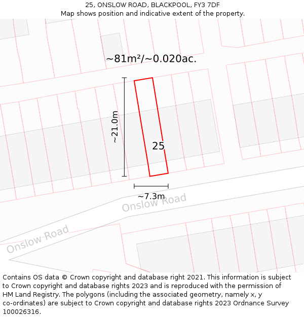 25, ONSLOW ROAD, BLACKPOOL, FY3 7DF: Plot and title map
