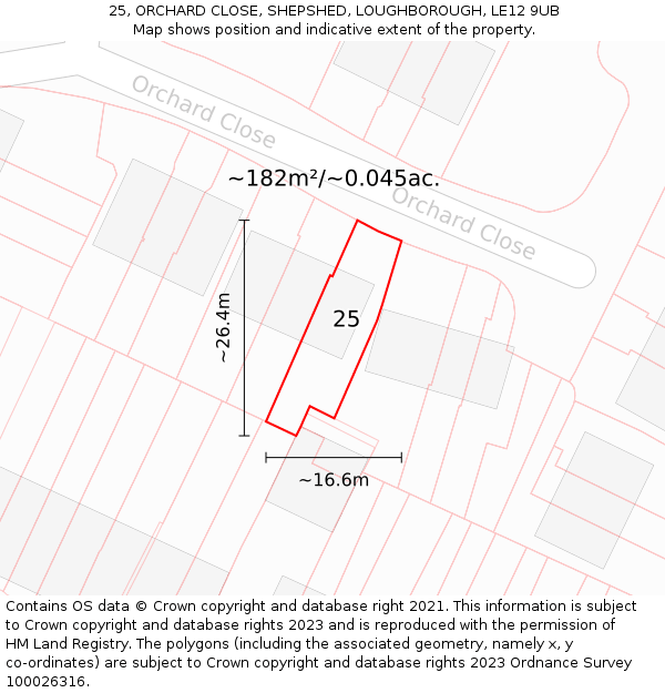 25, ORCHARD CLOSE, SHEPSHED, LOUGHBOROUGH, LE12 9UB: Plot and title map