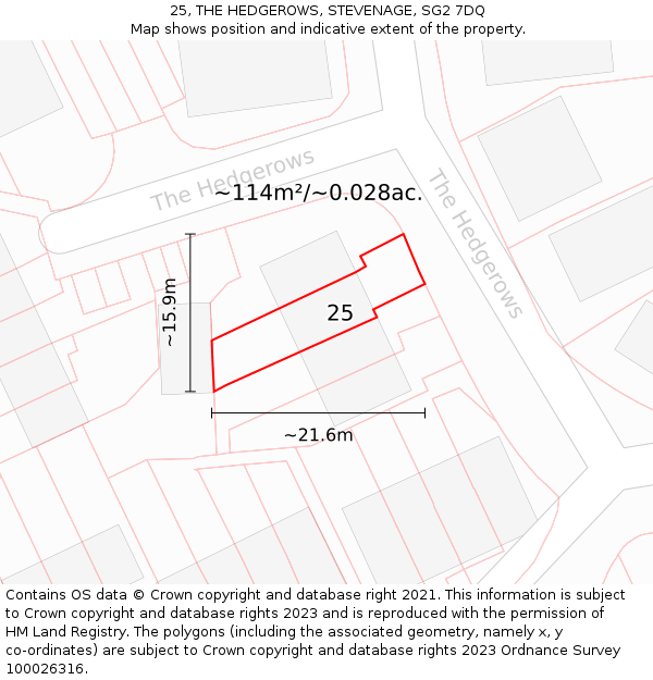 25, THE HEDGEROWS, STEVENAGE, SG2 7DQ: Plot and title map