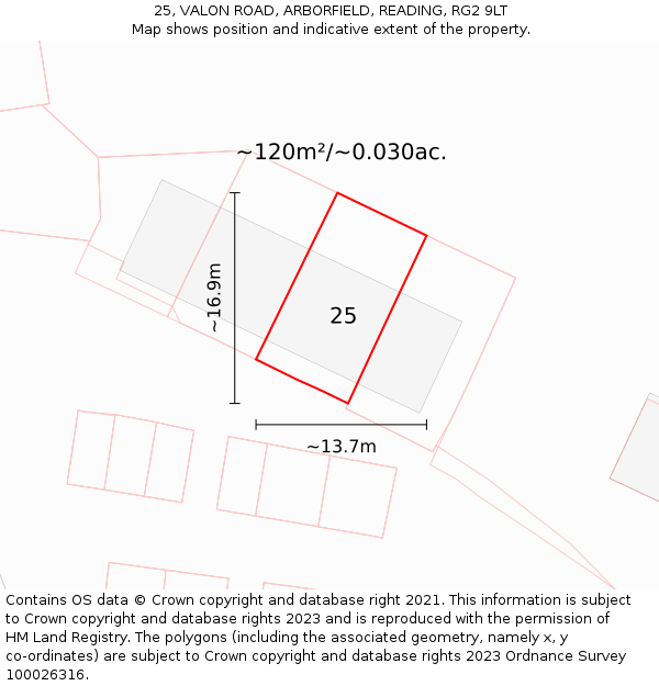 25, VALON ROAD, ARBORFIELD, READING, RG2 9LT: Plot and title map