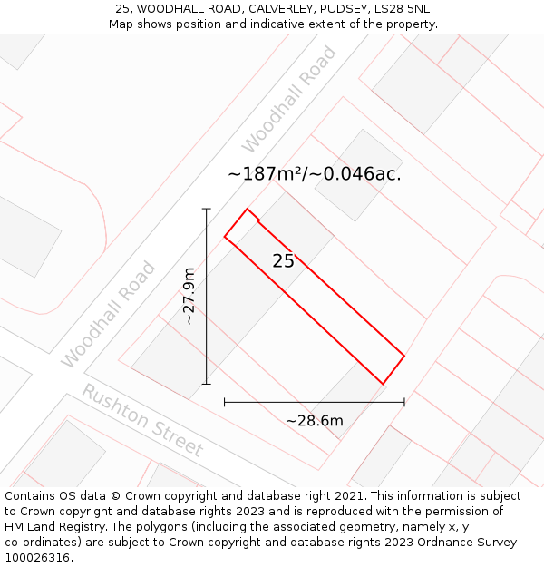 25, WOODHALL ROAD, CALVERLEY, PUDSEY, LS28 5NL: Plot and title map