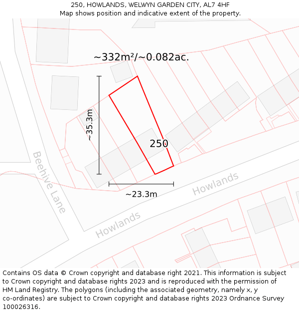 250, HOWLANDS, WELWYN GARDEN CITY, AL7 4HF: Plot and title map