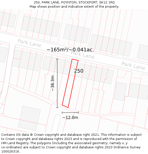 250, PARK LANE, POYNTON, STOCKPORT, SK12 1RQ: Plot and title map