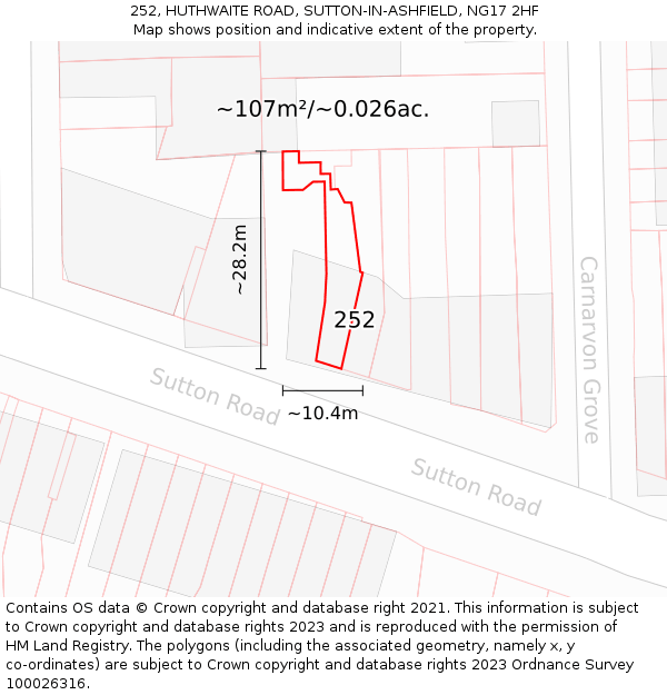 252, HUTHWAITE ROAD, SUTTON-IN-ASHFIELD, NG17 2HF: Plot and title map