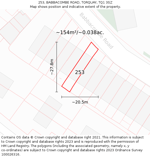253, BABBACOMBE ROAD, TORQUAY, TQ1 3SZ: Plot and title map