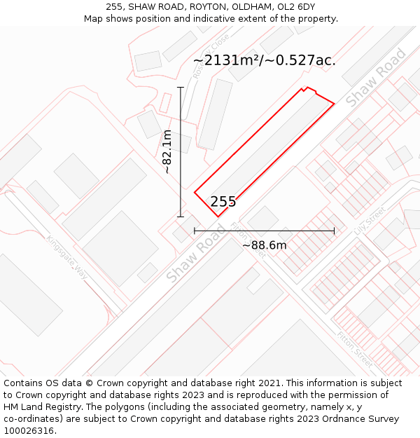 255, SHAW ROAD, ROYTON, OLDHAM, OL2 6DY: Plot and title map