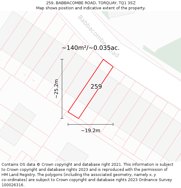259, BABBACOMBE ROAD, TORQUAY, TQ1 3SZ: Plot and title map