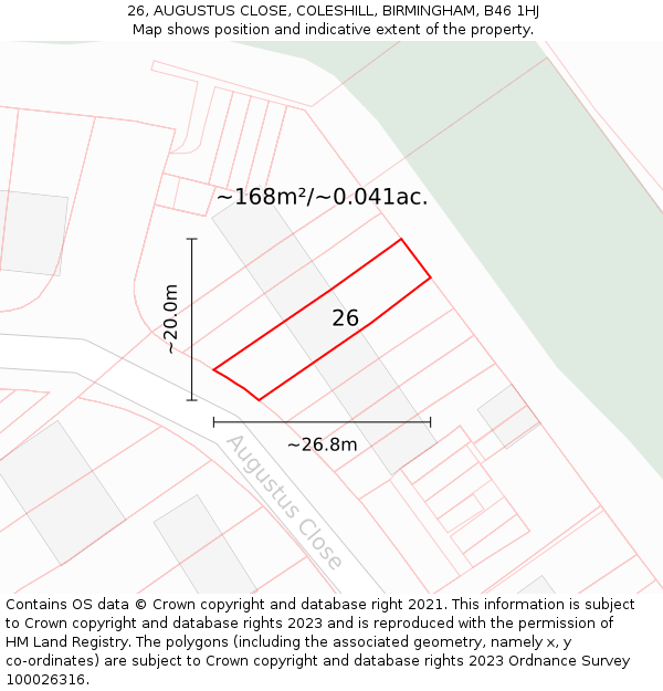 26, AUGUSTUS CLOSE, COLESHILL, BIRMINGHAM, B46 1HJ: Plot and title map