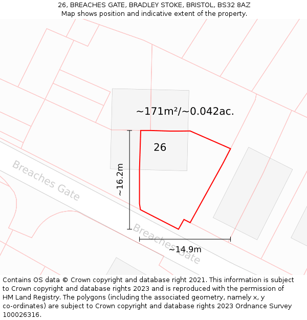 26, BREACHES GATE, BRADLEY STOKE, BRISTOL, BS32 8AZ: Plot and title map