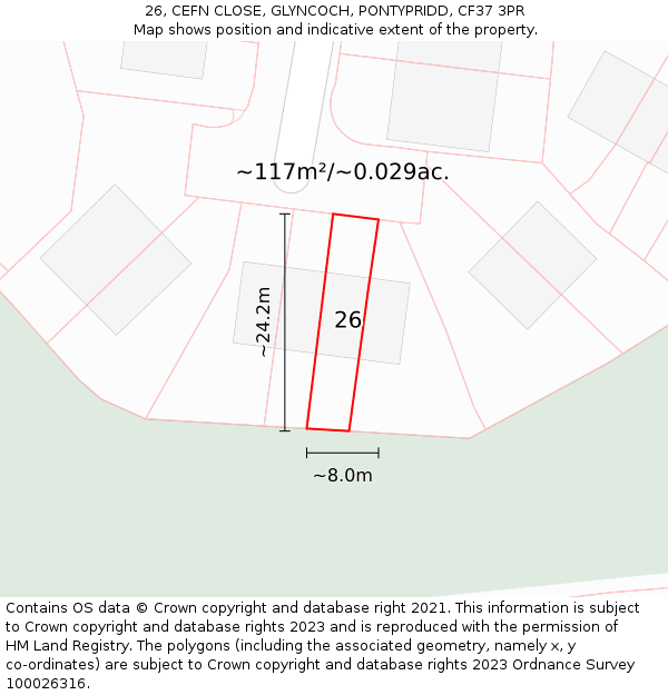 26, CEFN CLOSE, GLYNCOCH, PONTYPRIDD, CF37 3PR: Plot and title map