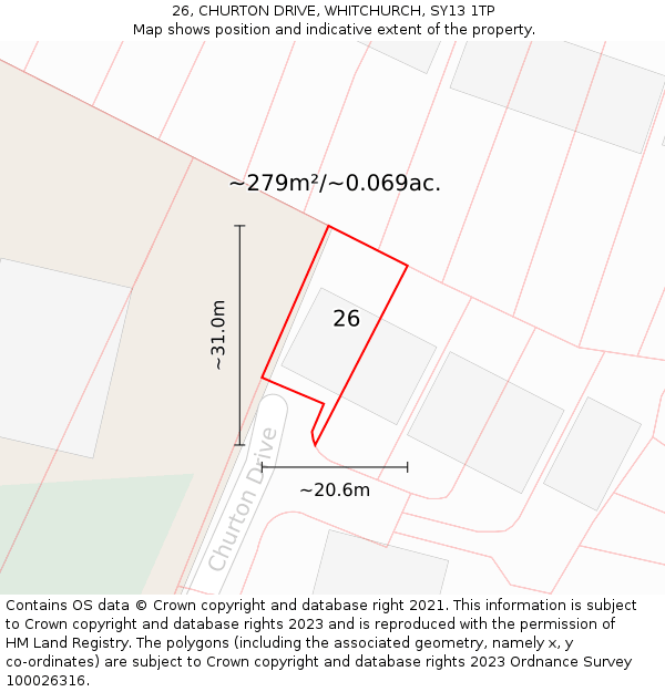 26, CHURTON DRIVE, WHITCHURCH, SY13 1TP: Plot and title map