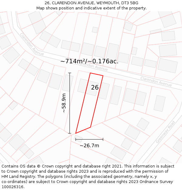 26, CLARENDON AVENUE, WEYMOUTH, DT3 5BG: Plot and title map