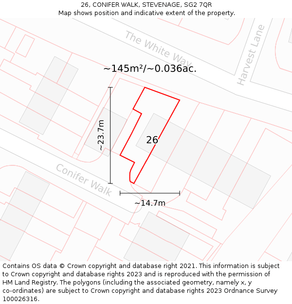 26, CONIFER WALK, STEVENAGE, SG2 7QR: Plot and title map
