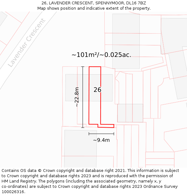 26, LAVENDER CRESCENT, SPENNYMOOR, DL16 7BZ: Plot and title map